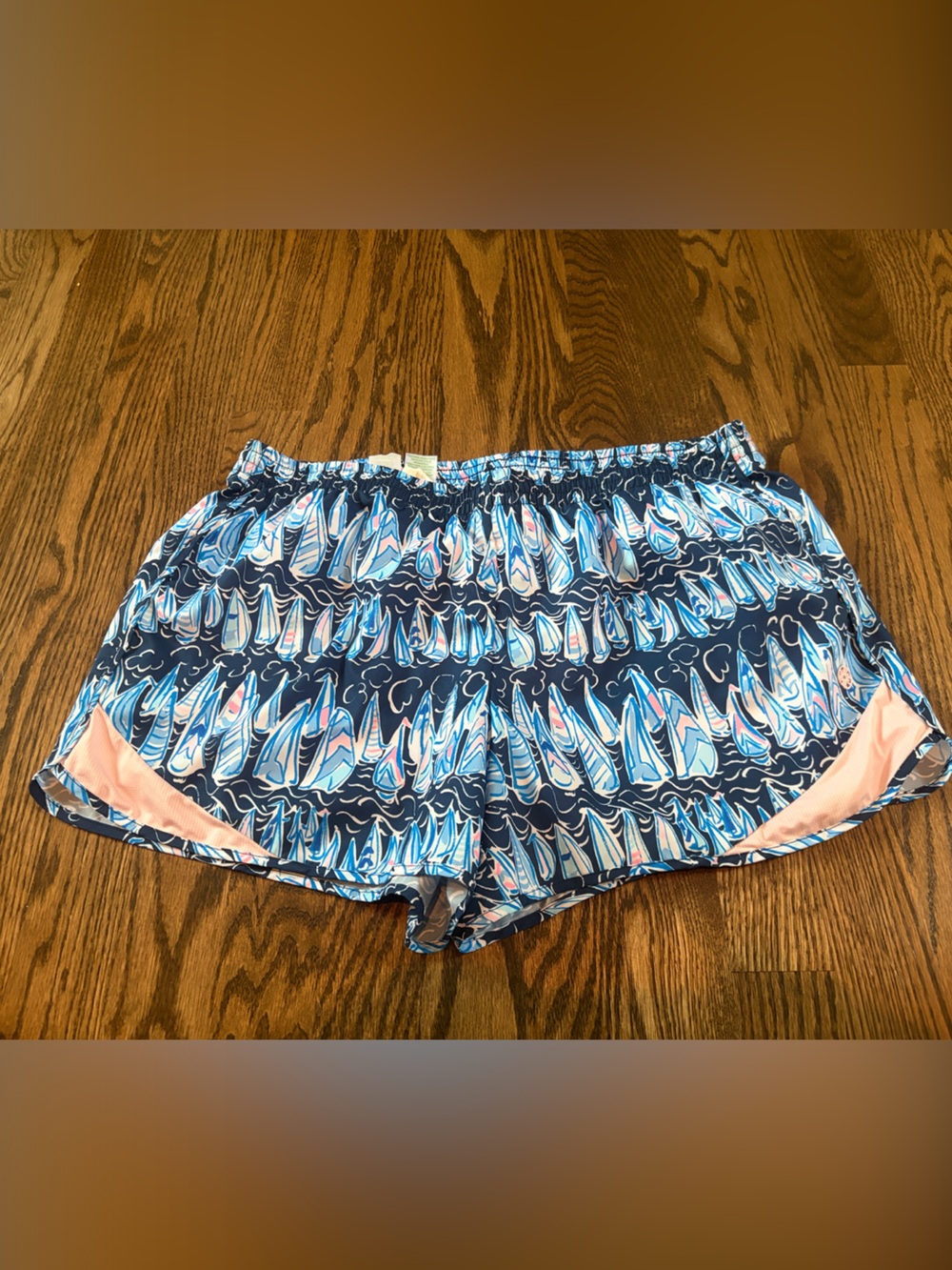 Lilly Pulitzer Luxletic Navy Surfboard Print Swim Shorts with Light Pink Accents